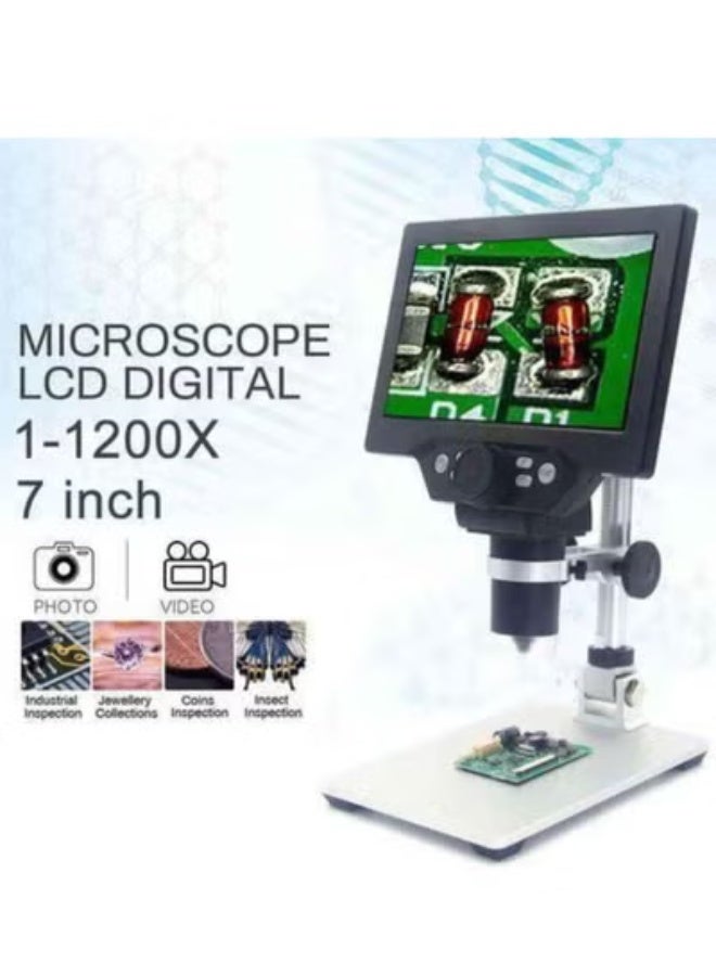 ملحقات المجهر: مجهر رقمي 1200X، مجهر إلكتروني صناعي USB، شاشة LCD عالية الدقة 7 بوصة بدقة 12.0 ميجابكسل مع إضاءة عالمية (اللون: يعمل بالبطارية، التكبير: 1200X)